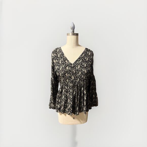 Lucky Brand V-Neck Ruffle Sleeved Relaxed Top cream&Black Women S Boho Cottage - Picture 2 of 3